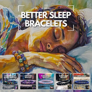 Better Sleep Bracelets: Two stylish, woven bracelets, one blue and one beige, designed for improved sleep.