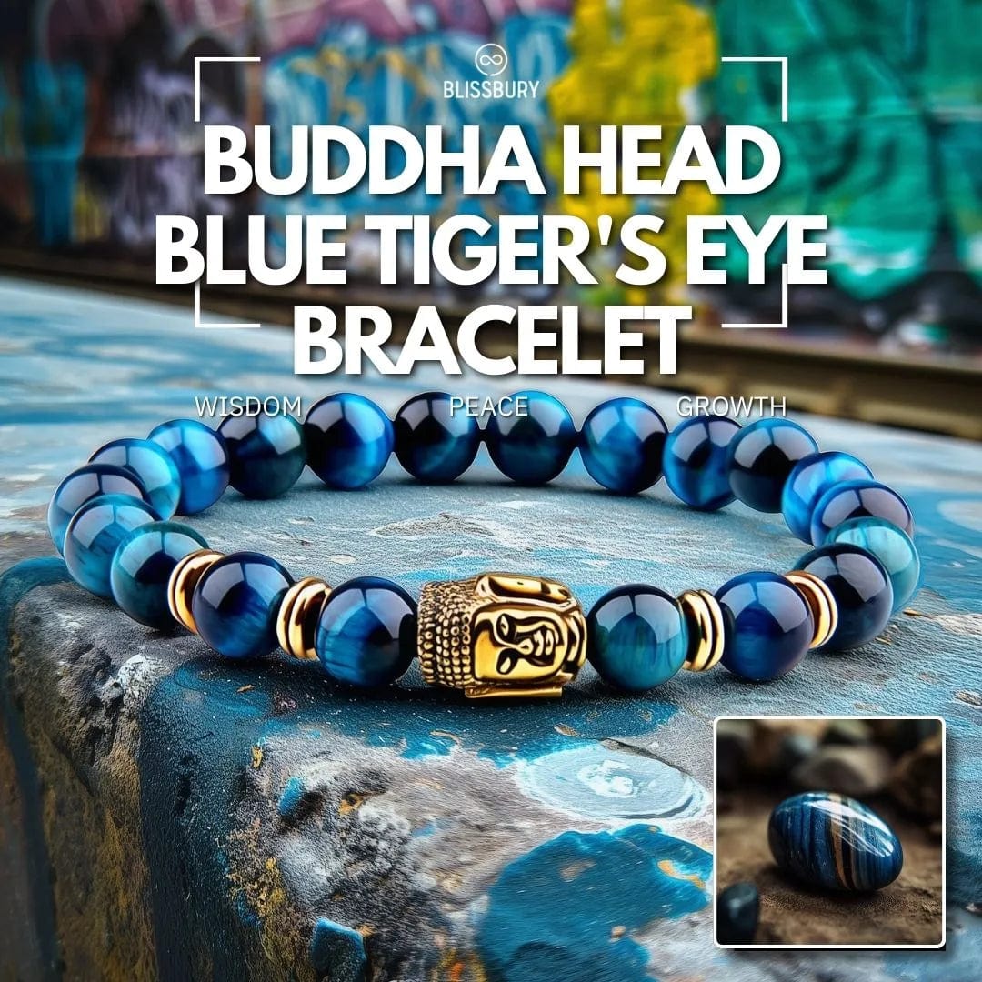 Buddha Head Blue Tiger's Eye Bracelet - Wisdom, Peace, Growth