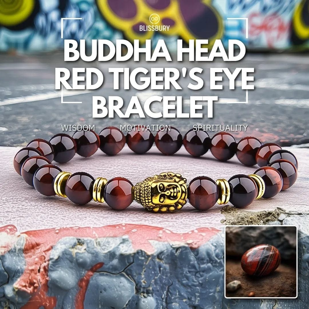 Buddha Head Red Tiger's Eye Bracelet - Wisdom, Motivation, Spirituality, featuring a prominent red tiger's eye stone and a