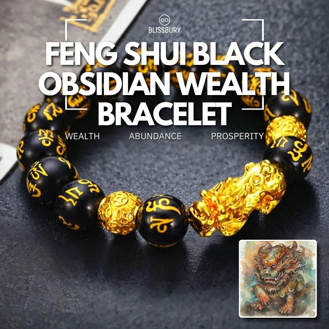 Feng Shui Black Obsidian Wealth Bracelet, featuring polished black beads for wealth and abundance.