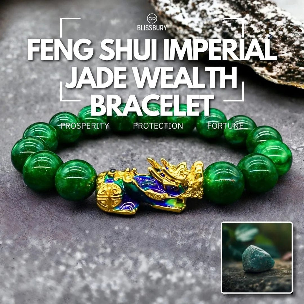 Feng Shui Imperial Jade Wealth Bracelet with gold accents, promoting prosperity and protection.