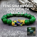 Feng Shui Imperial Jade Wealth Bracelet with gold accents, promoting prosperity and protection.