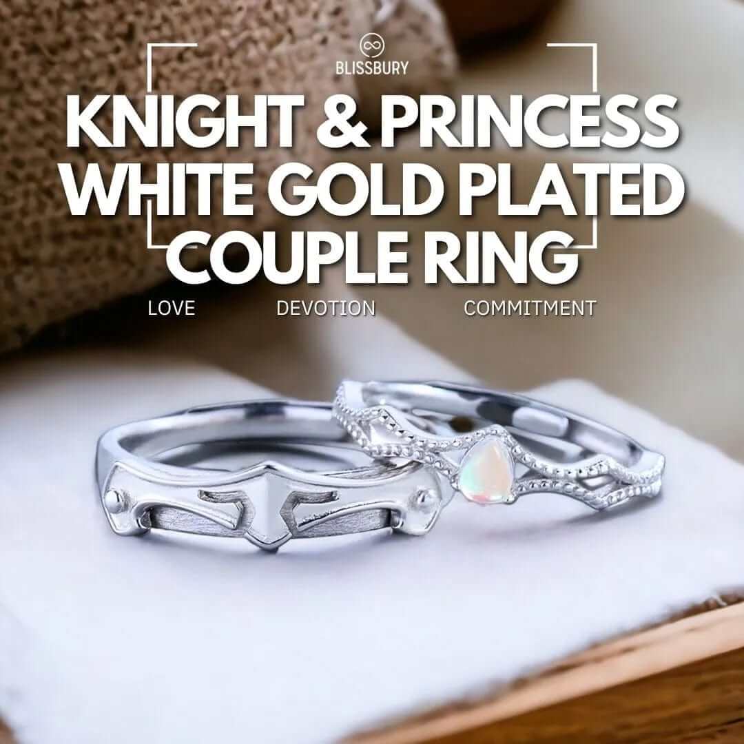Knight & Princess white gold plated couple rings symbolizing love, devotion, and commitment.