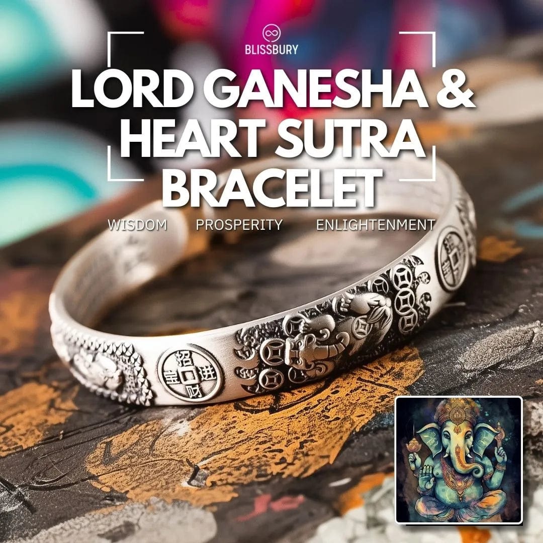 Lord Ganesha & Heart Sutra Bracelet, featuring Ganesha charm and Sanskrit text, symbolizing wisdom and prosperity.