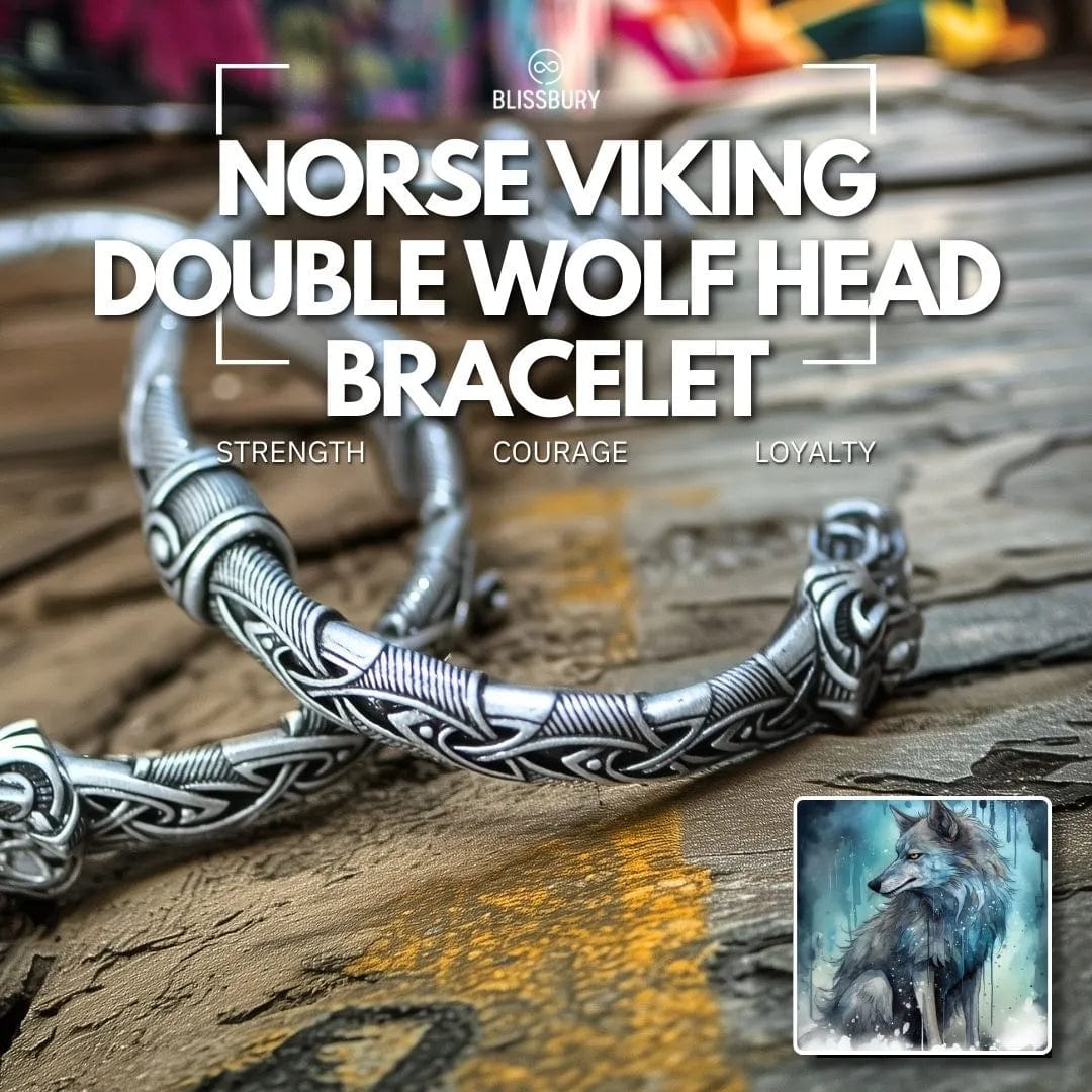 Norse Viking Double Wolf Head Bracelet - Strength, Courage, Loyalty