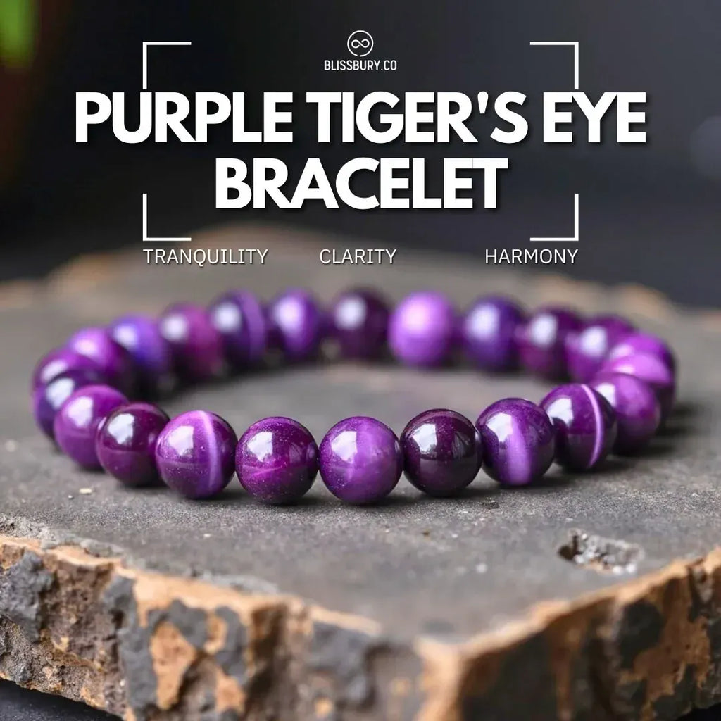 Close-up of a Purple Tiger's Eye Bracelet - Tranquility, Clarity, Harmony (Large), showcasing smooth, banded purple and