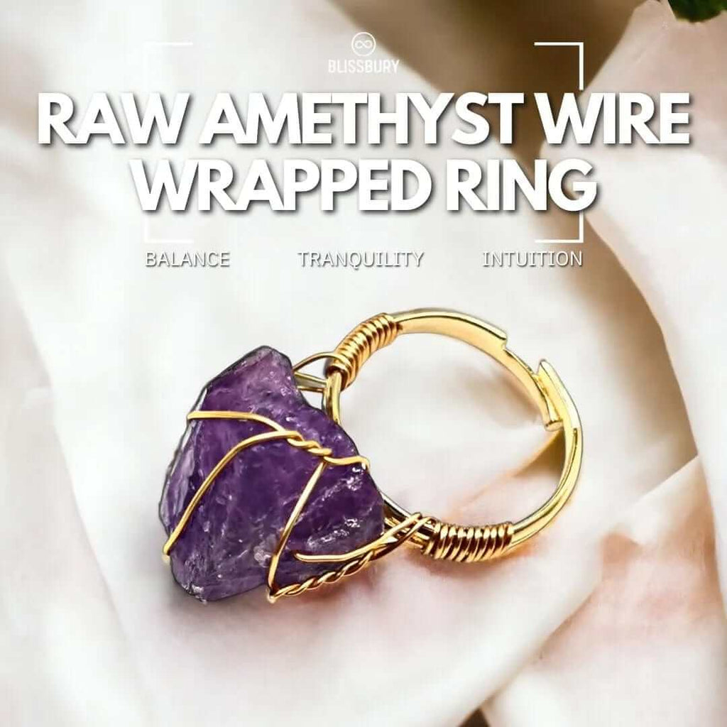 Raw amethyst wire-wrapped ring promoting balance, tranquility, and intuition.