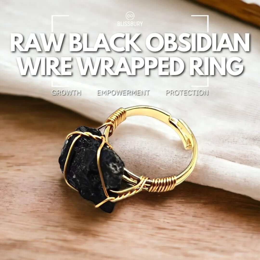 Raw black obsidian wire-wrapped ring with a growth, empowerment, and protection theme.