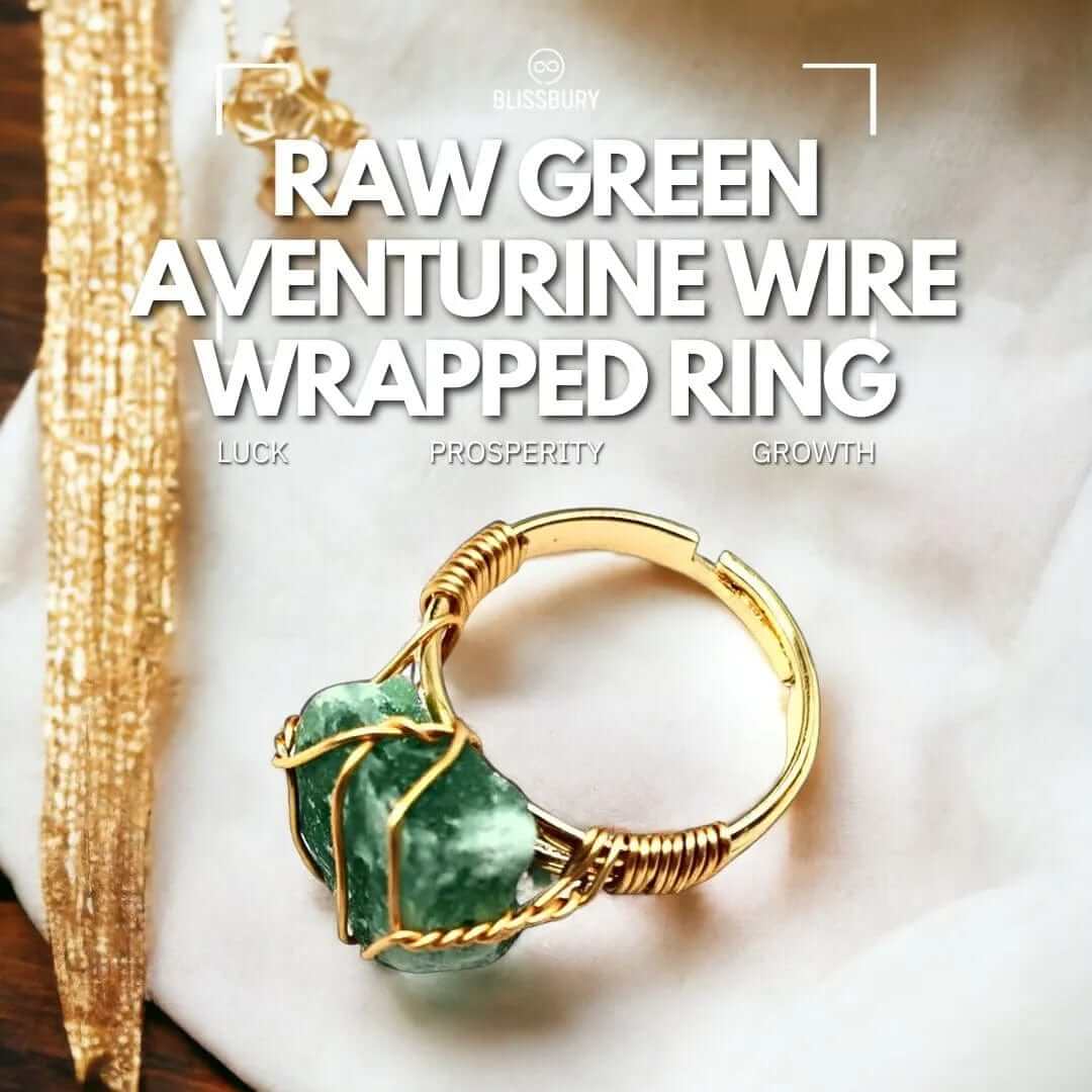 Raw green aventurine wire-wrapped ring, symbolizing luck, prosperity, and growth.