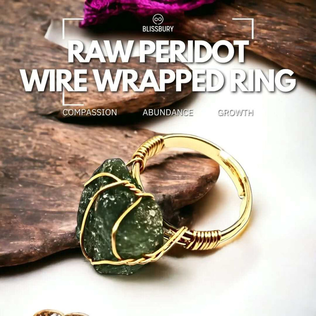 Raw peridot wire-wrapped ring, symbolizing compassion, abundance, and growth.