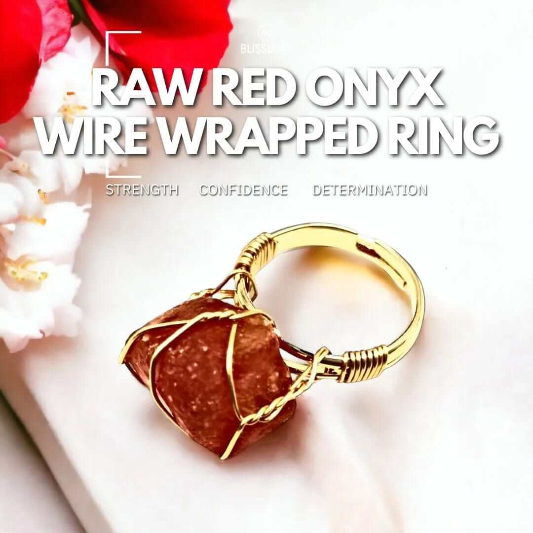 Raw red onyx wire-wrapped ring for strength, confidence, and determination.