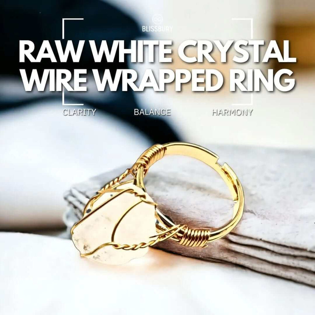 Raw white crystal wire wrapped ring, promoting clarity, balance, and harmony.