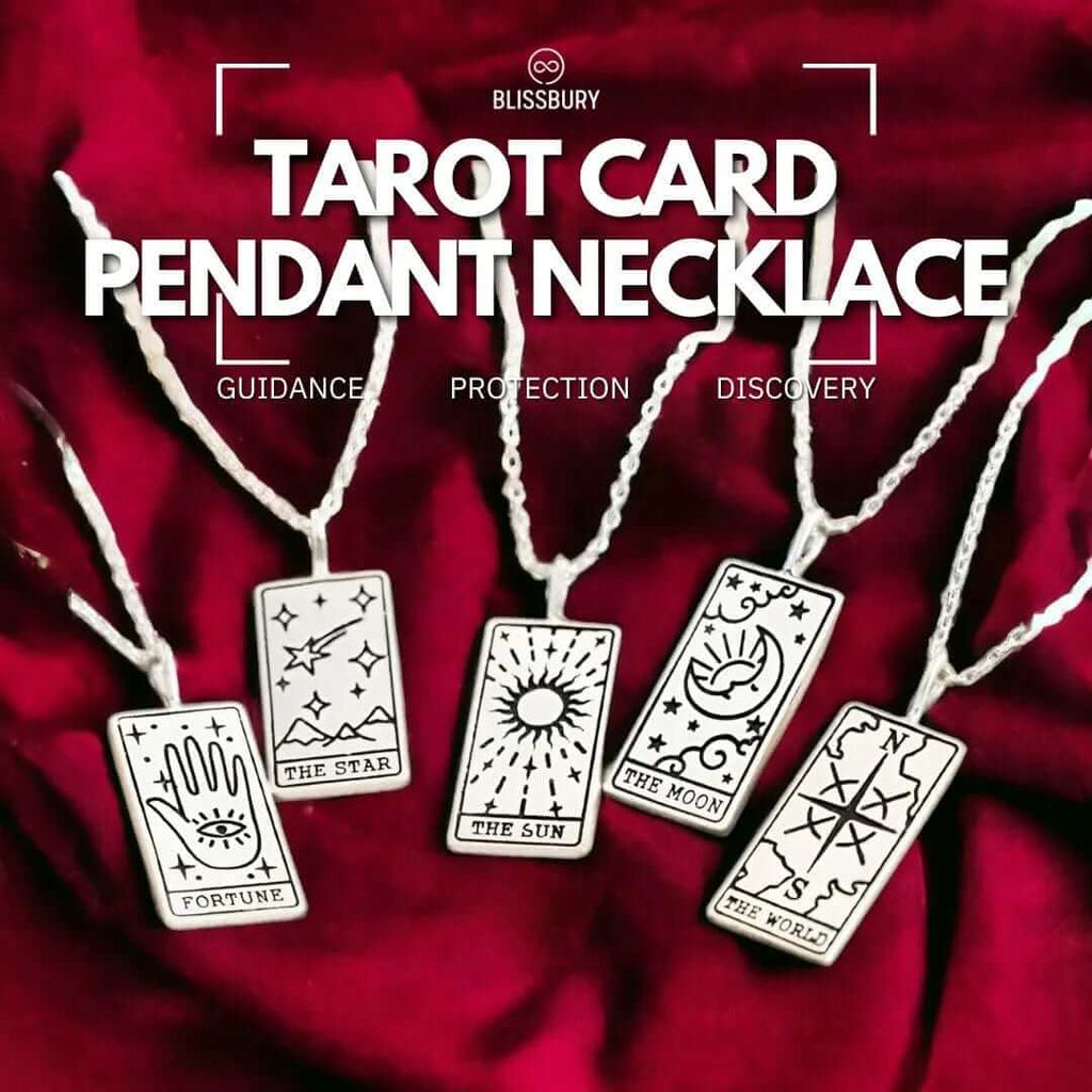 Tarot Card Pendant Necklace - Guidance, Protection, Discovery, featuring an intricate ouroboros design.