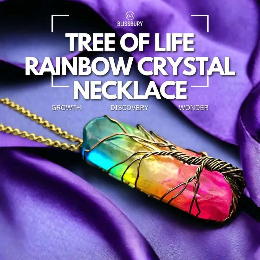 Tree of Life Rainbow Crystal Necklace - Growth, Discovery, Wonder, featuring a vibrant crystal tree pendant.