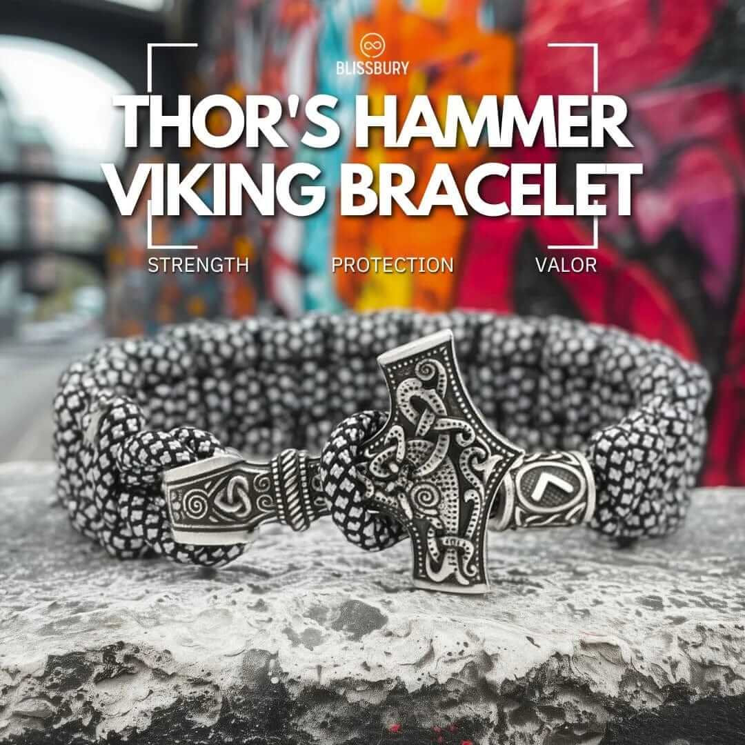 Large Thor's Hammer Vintage Viking Bracelet, featuring intricate knotwork and a central hammer design.
