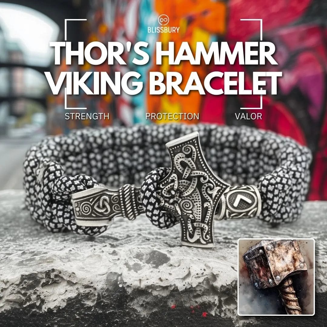 Thor's Hammer Vintage Viking Bracelet, featuring a detailed hammer pendant and intricate knotwork, symbolizing strength and