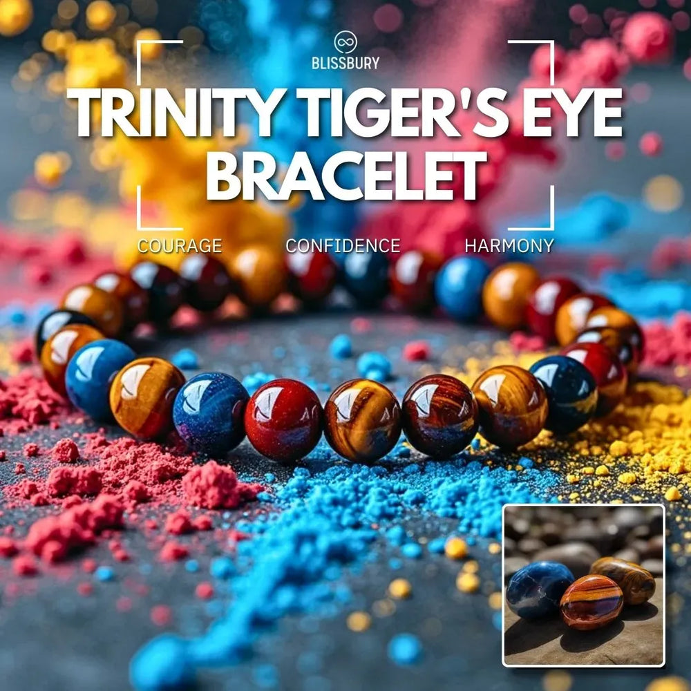 Trinity Tiger's Eye Bracelet - Courage, Confidence, Harmony, featuring polished tiger's eye beads.