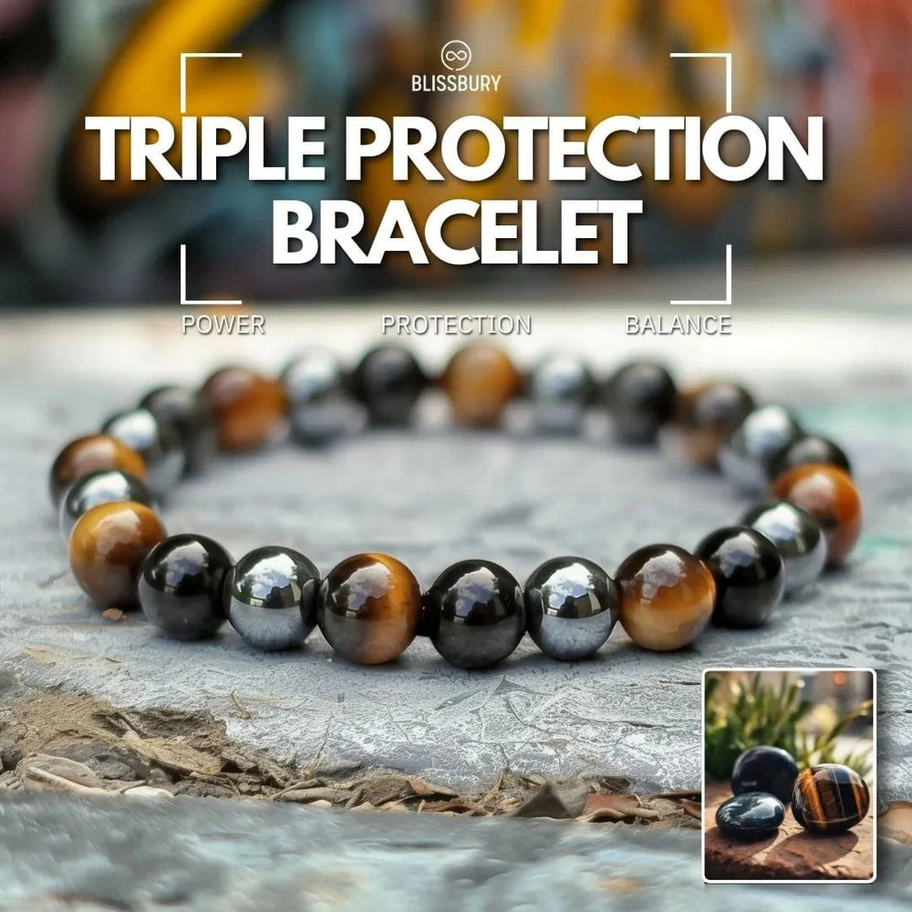 Triple Protection Bracelet - Power, Protection, Balance, featuring three distinct stone beads on a leather cord.